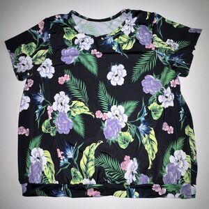 SWIM by CACIQUE Short Sleeve Rash Guard Plus Size 22 Black Tropical Print